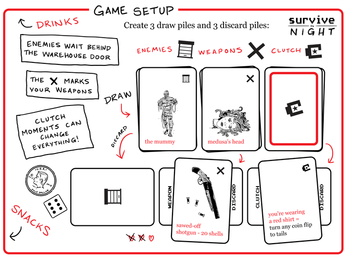 survive the night - a party-battle card game of pop trivia and nerd imagination - setup